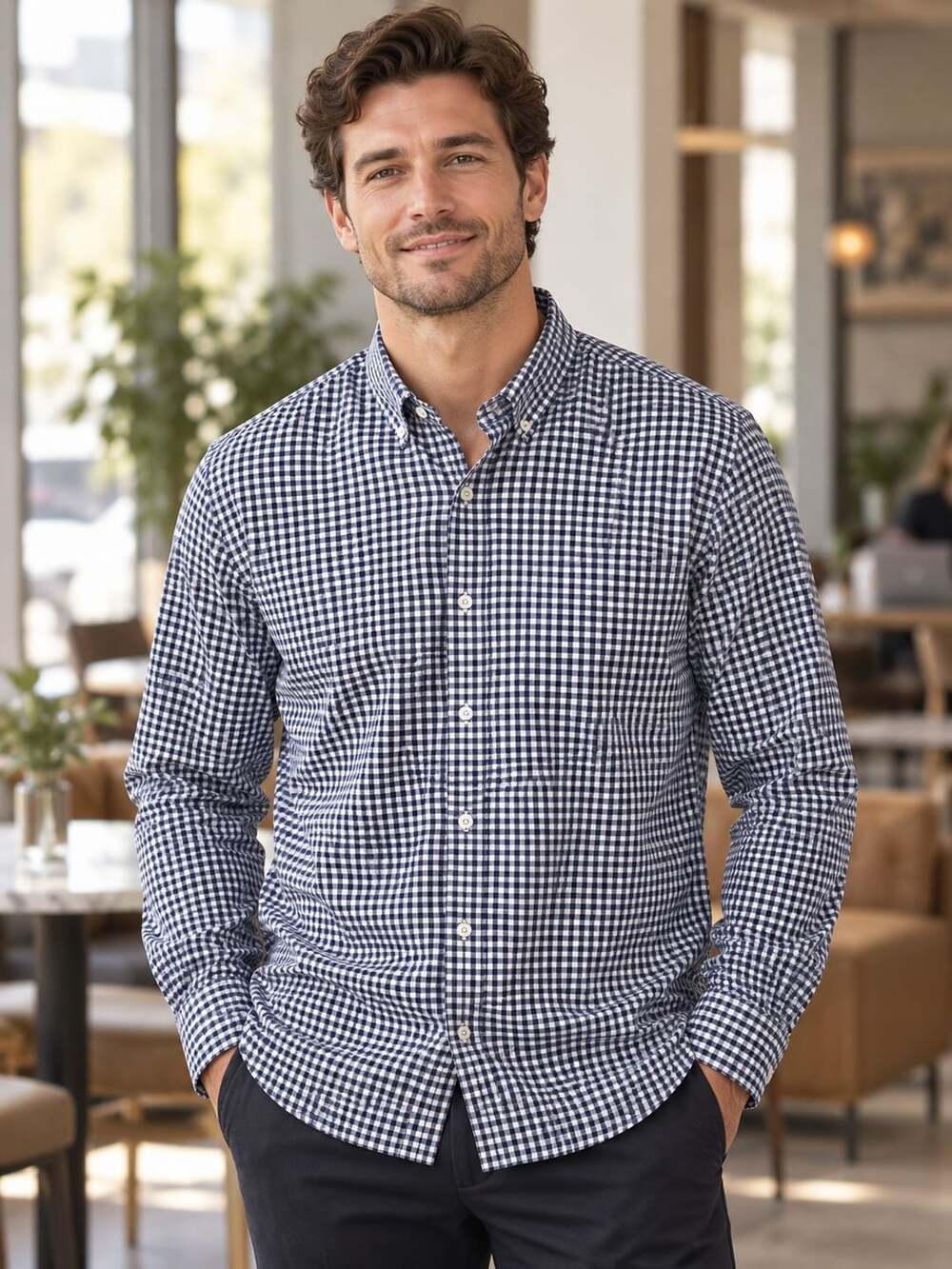 Ralph Lauren Mens Blue and White Gingham Check Long Sleeve Button Down Shirt